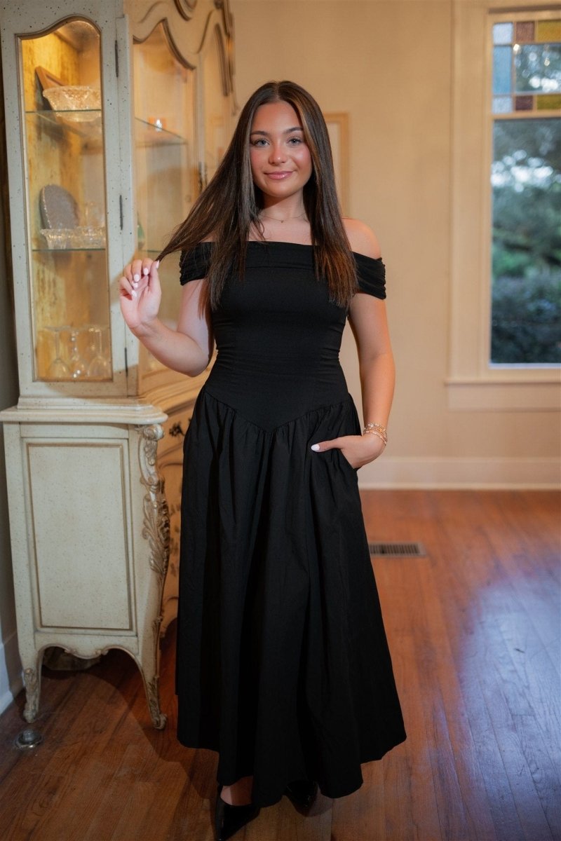 Black Off Shoulder Drop Waist Midi Dress