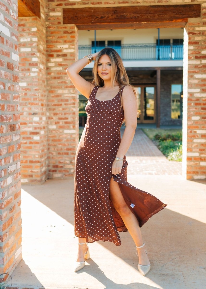 Brown Polka Dot Sleeveless Midi Dress Brown Polka Dot Sleeveless Midi Dress
