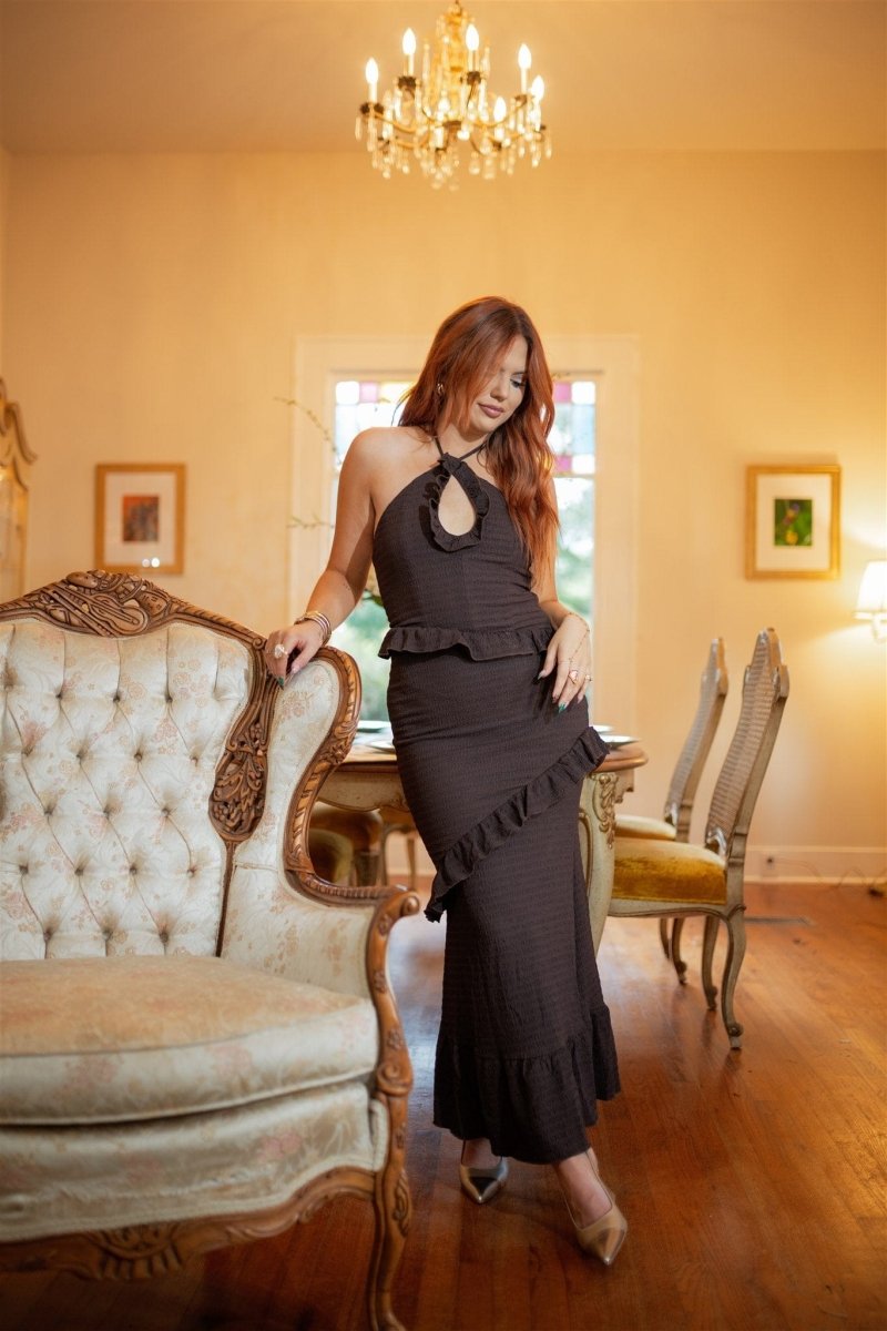 brown smocked maxi dress Baltic Born Womens Kearny Ruffle Maxi Dress | Brown + Natural | Color: Brown Floral main image 1