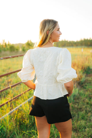 Cream Jacquard Puff Sleeve Blouse - Select Trends Boutique