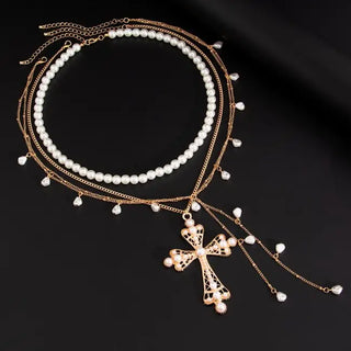 Pearl Layered Statement Cross Necklace