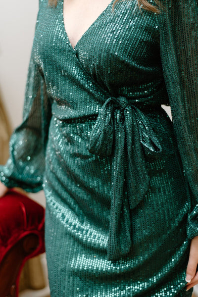 Green Sequin Tie Waist Dress