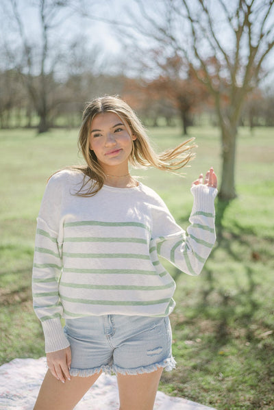 White & Green Striped Summer Sweater