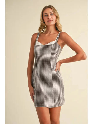 Brown Checkered Sweetheart Mini Dress