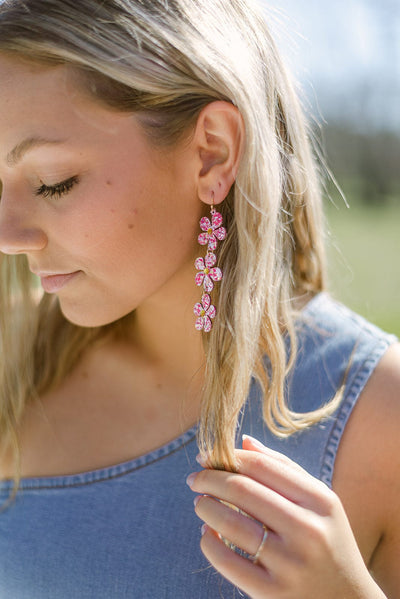 Pink Glitter Flower Drop Earrings