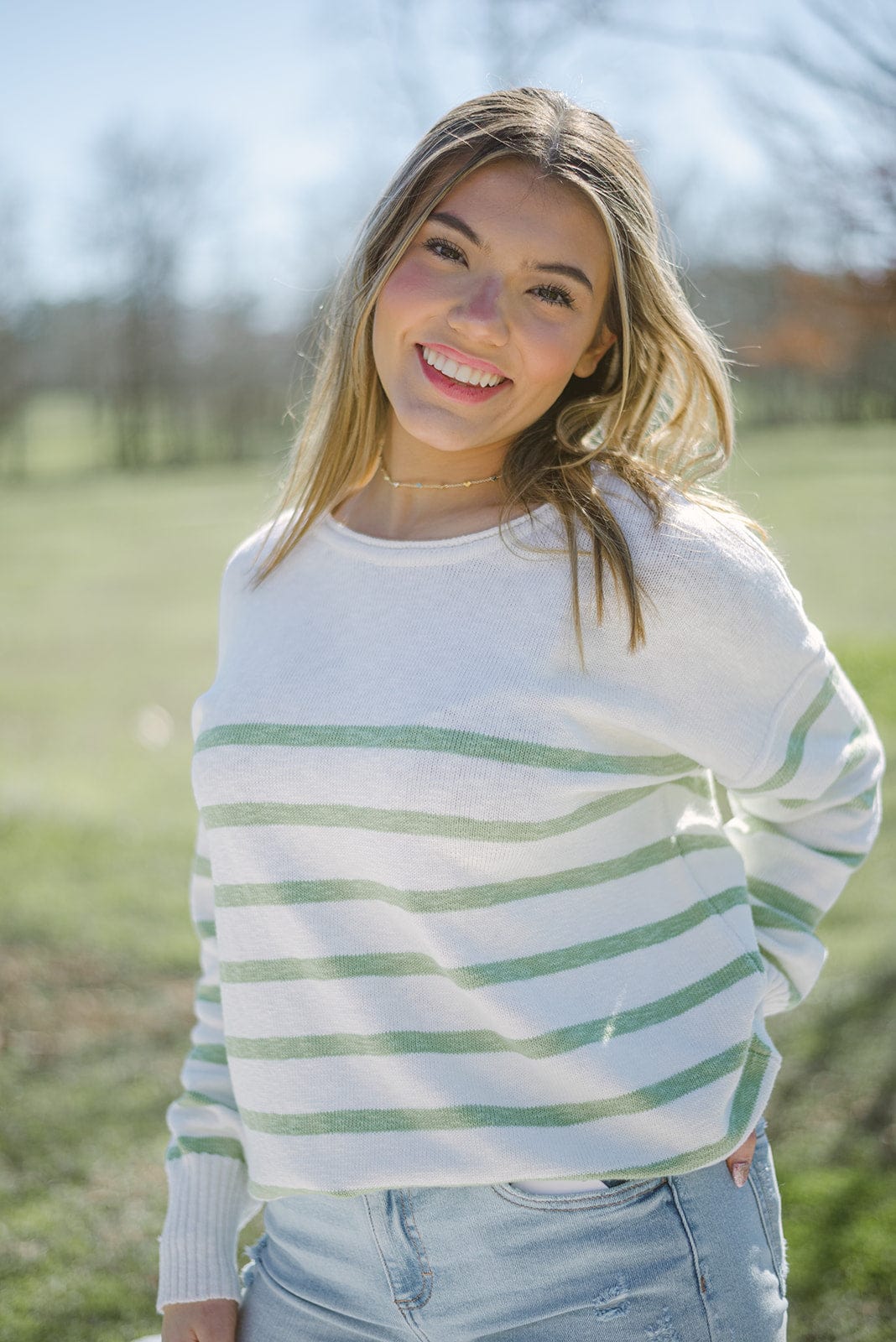 White & Green Striped Summer Sweater