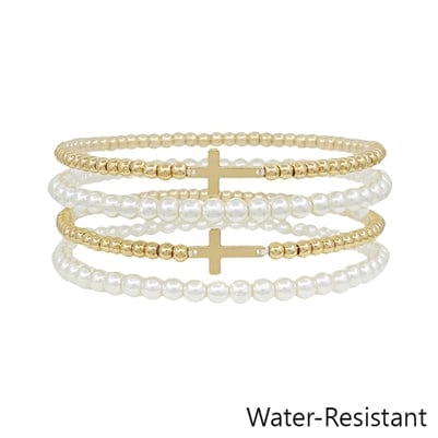 Gold & Pearl Cross Bracelet Set