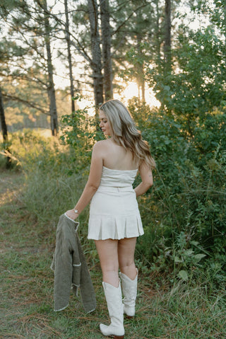 Beige Corduroy Strapless Romper Dress