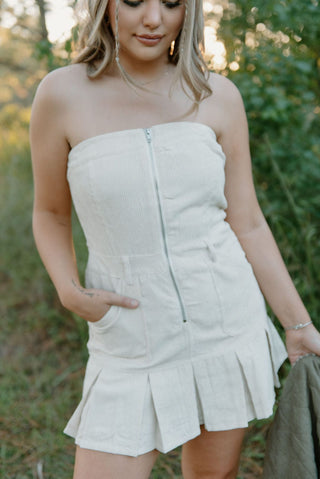 Beige Corduroy Strapless Romper Dress