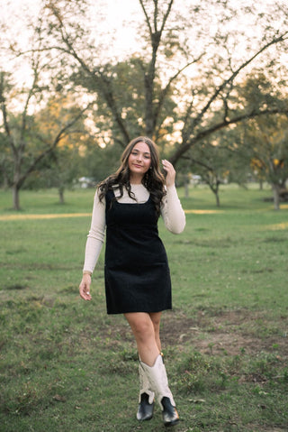 Black Corduroy Pinafore Mini Dress