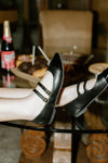 rounded toe and double strap design Mary Jane flats with adjustable buckles and contrast toe cap