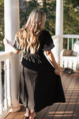 Black Embroidered V-Neck Midi Dress