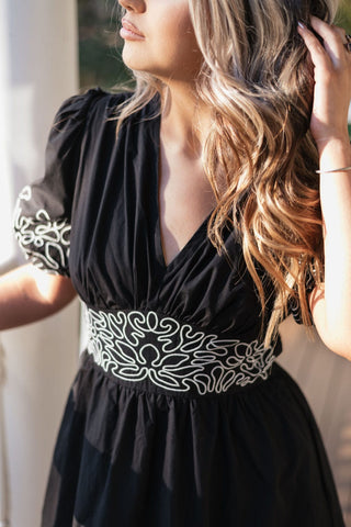 Black Embroidered V-Neck Midi Dress