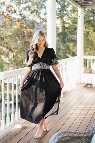 Black Embroidered V-Neck Midi Dress