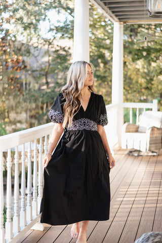 Black Embroidered V-Neck Midi Dress