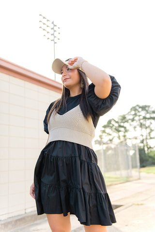 Black Knit Detail Tiered Mini Dress