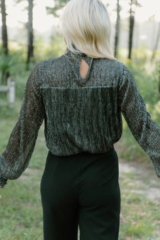 Black Metallic Smocked Neck Top