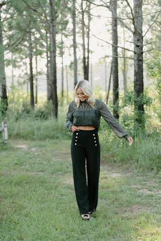 Black Metallic Smocked Neck Top