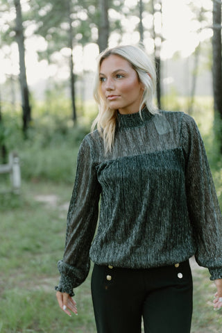 Black Metallic Smocked Neck Top