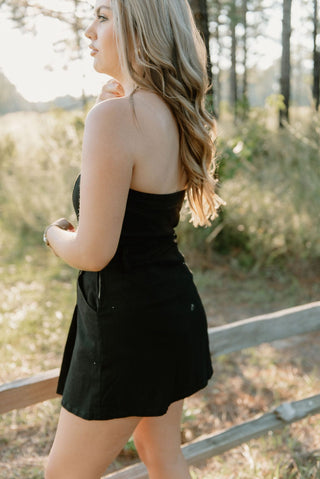 Black Strapless Denim Romper Dress