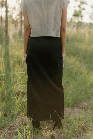 Black Suede Cargo Midi Skirt