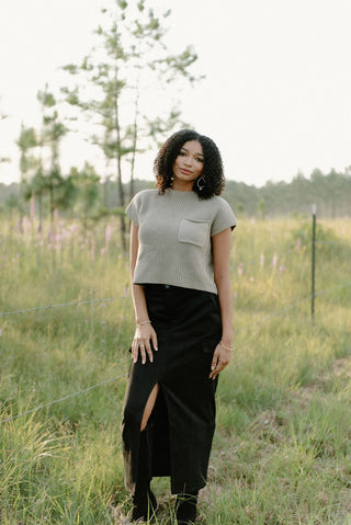 Black Suede Cargo Midi Skirt