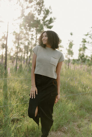 Black Suede Cargo Midi Skirt