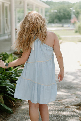 Blue One Shoulder Bow Dress