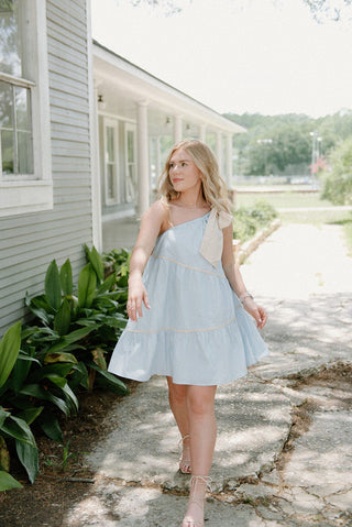 Blue One Shoulder Bow Dress