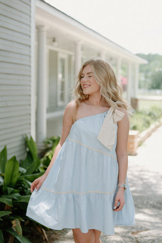 Blue One Shoulder Bow Dress