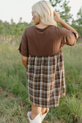 Brown Plaid Contrast Babydoll Dress