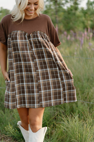 Brown Plaid Contrast Babydoll Dress