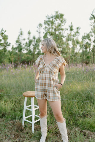 Brown Plaid V-Neck Romper