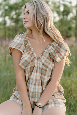 Brown Plaid V-Neck Romper