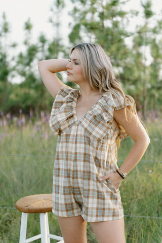 Brown Plaid V-Neck Romper