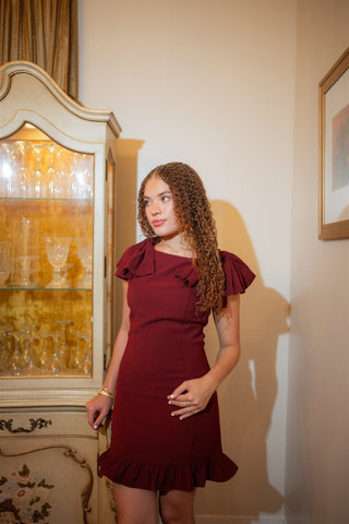 Burgundy Ruffle Detail Mini Dress from Select Trends Boutique