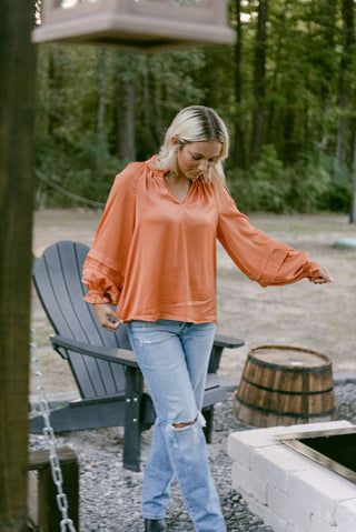 Burnt Orange Balloon Sleeve Blouse