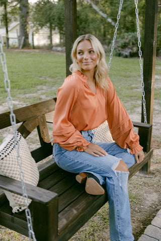 Burnt Orange Balloon Sleeve Blouse