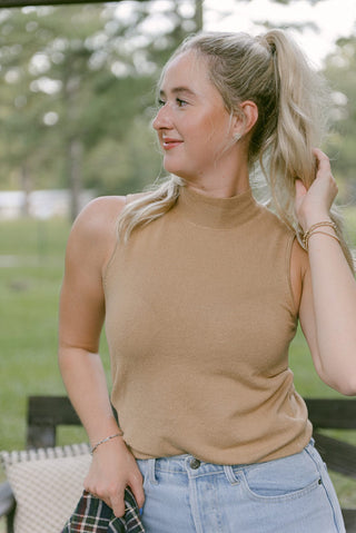 Camel Sleeveless Mock Neck Knit Top