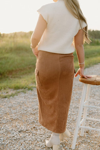 Camel Suede Cargo Midi Skirt