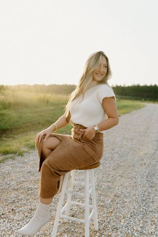 Camel Suede Cargo Midi Skirt