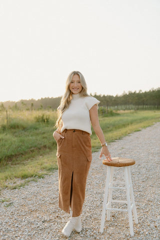 Camel Suede Cargo Midi Skirt