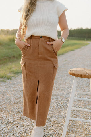 Camel Suede Cargo Midi Skirt