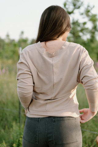 Camel V-Neck Knit Long Sleeve Top