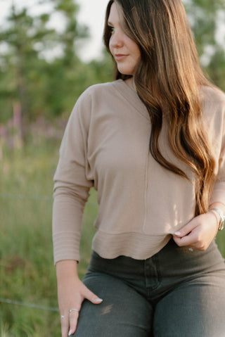 Camel V-Neck Knit Long Sleeve Top