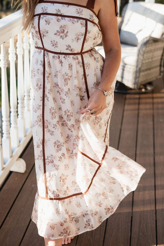 Cream Floral Print Midi Dress