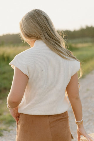 Cream Ribbed Mock Neck Knit Top