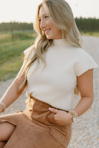 Cream Ribbed Mock Neck Knit Top