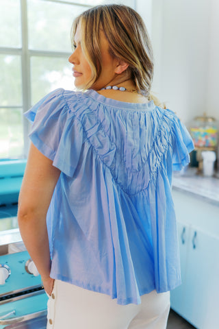 Blue Flutter Sleeve Gathered Blouse