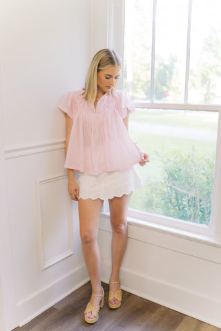 Pink Flutter Sleeve Gathered Blouse